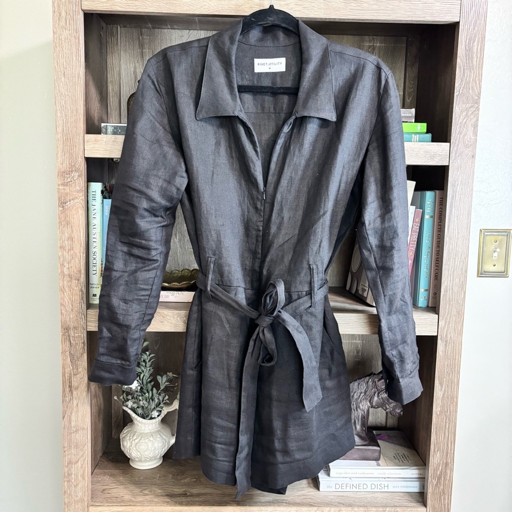 {Rivet Utility} Trendsetter Black Linen Belted Romper, Size M